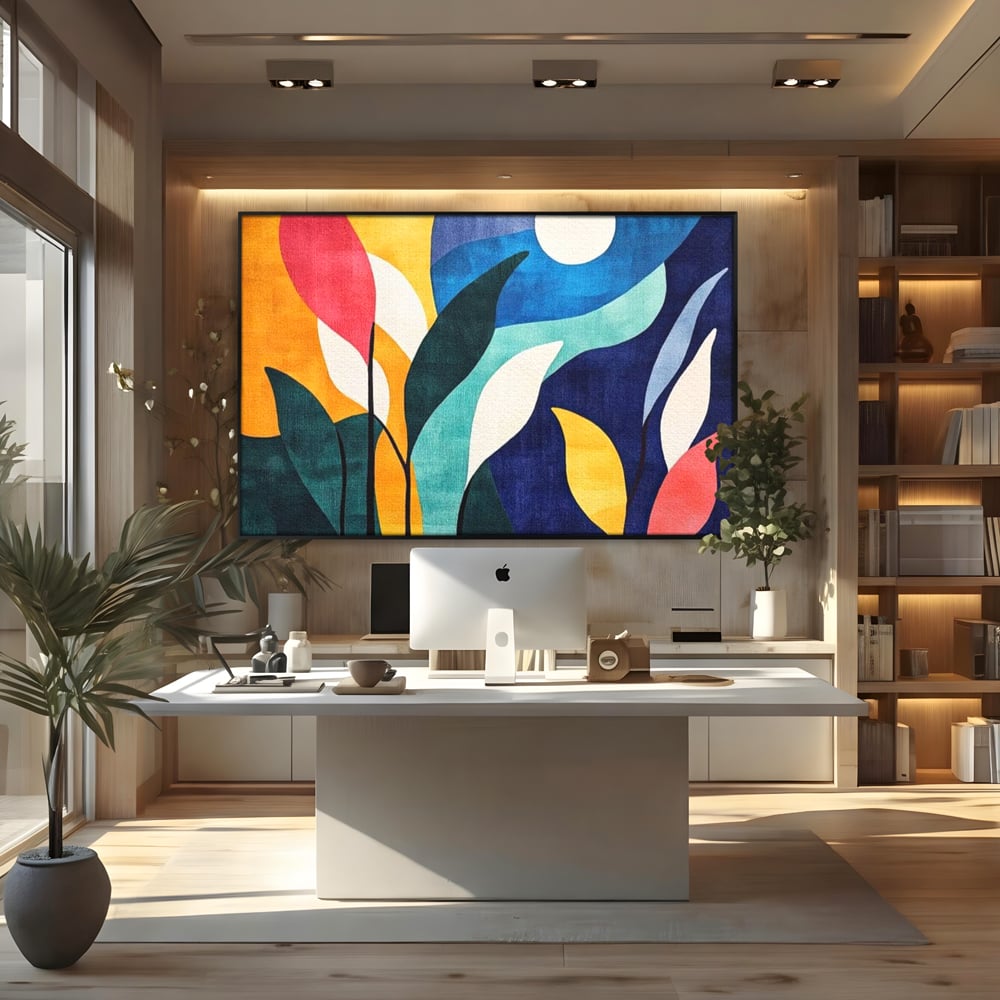 Tablou canvas cu tablou canvas cu frunze stilizate si luna, in rama de aluminiu negru, pe perete intr-un birou